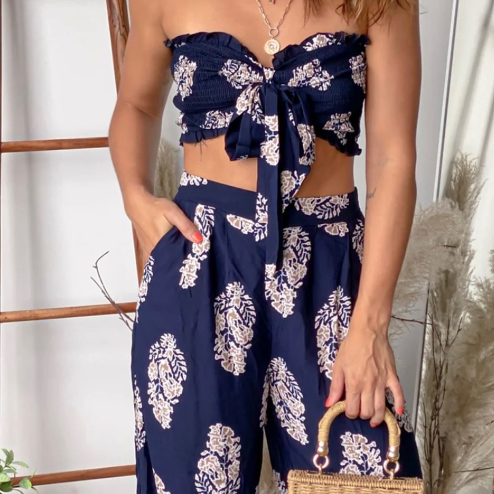 2 Piece Set Boho Print Top Butterfly Bohemian Pants Wide Leg Palazzo